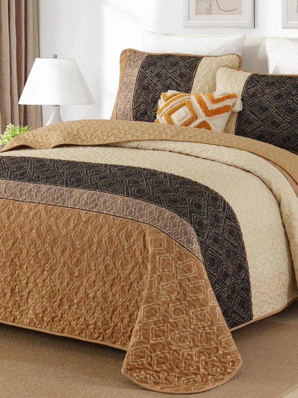Brown Quilt King Size,3 Pcs Boho Striped Plaid Bedspread